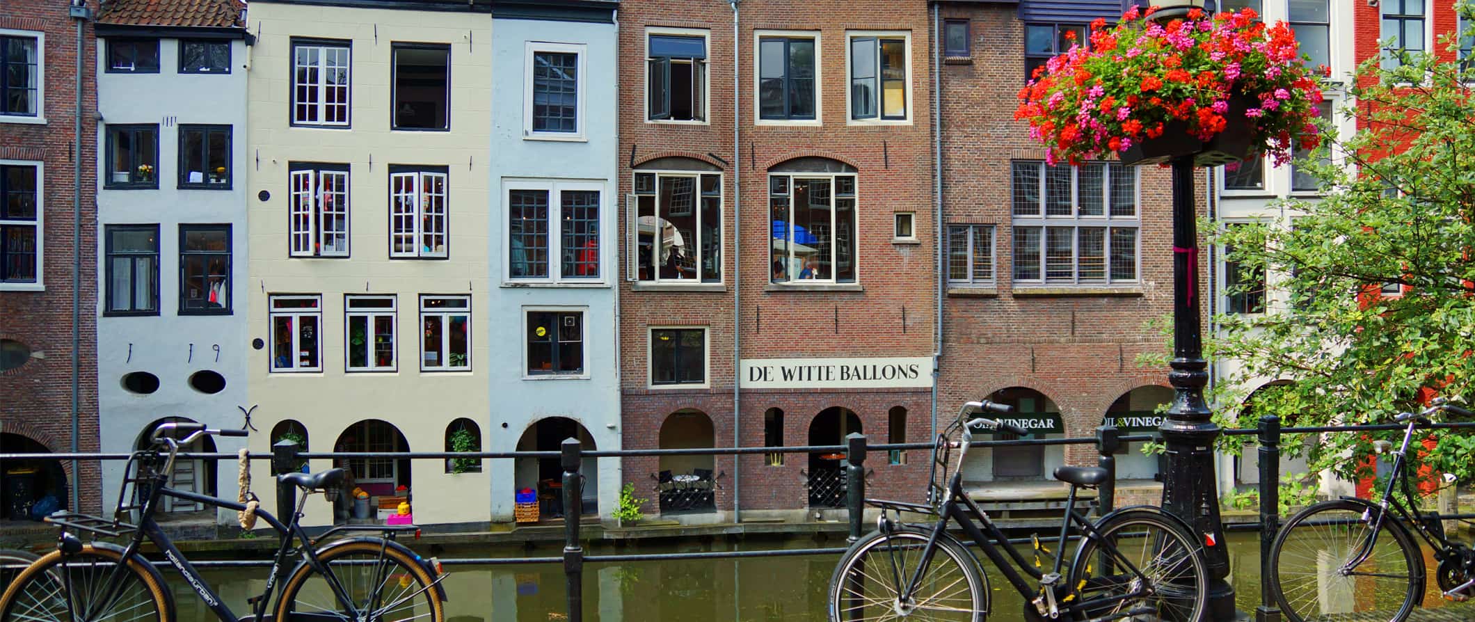 A view of a canal along Utrecht with pink flowers and bikes resting on a fence