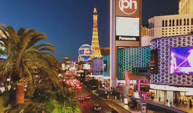 A busy streets and bright lights of Las Vegas at night