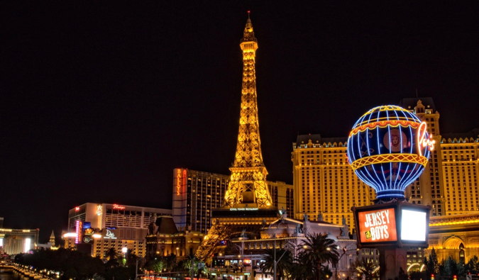 The Eiffel Tower in Las Vegas at night