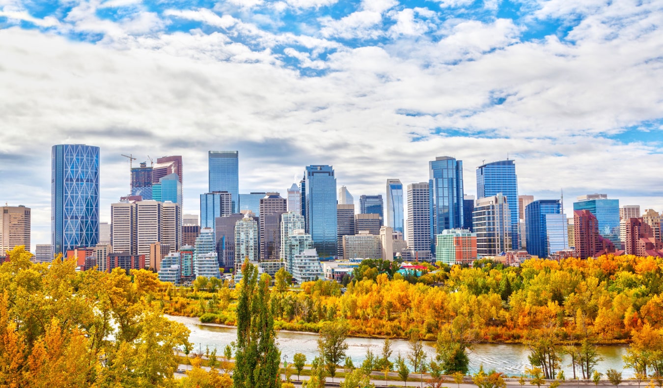 The towering skyline of Calgary, Alberta, Canada in the autumn