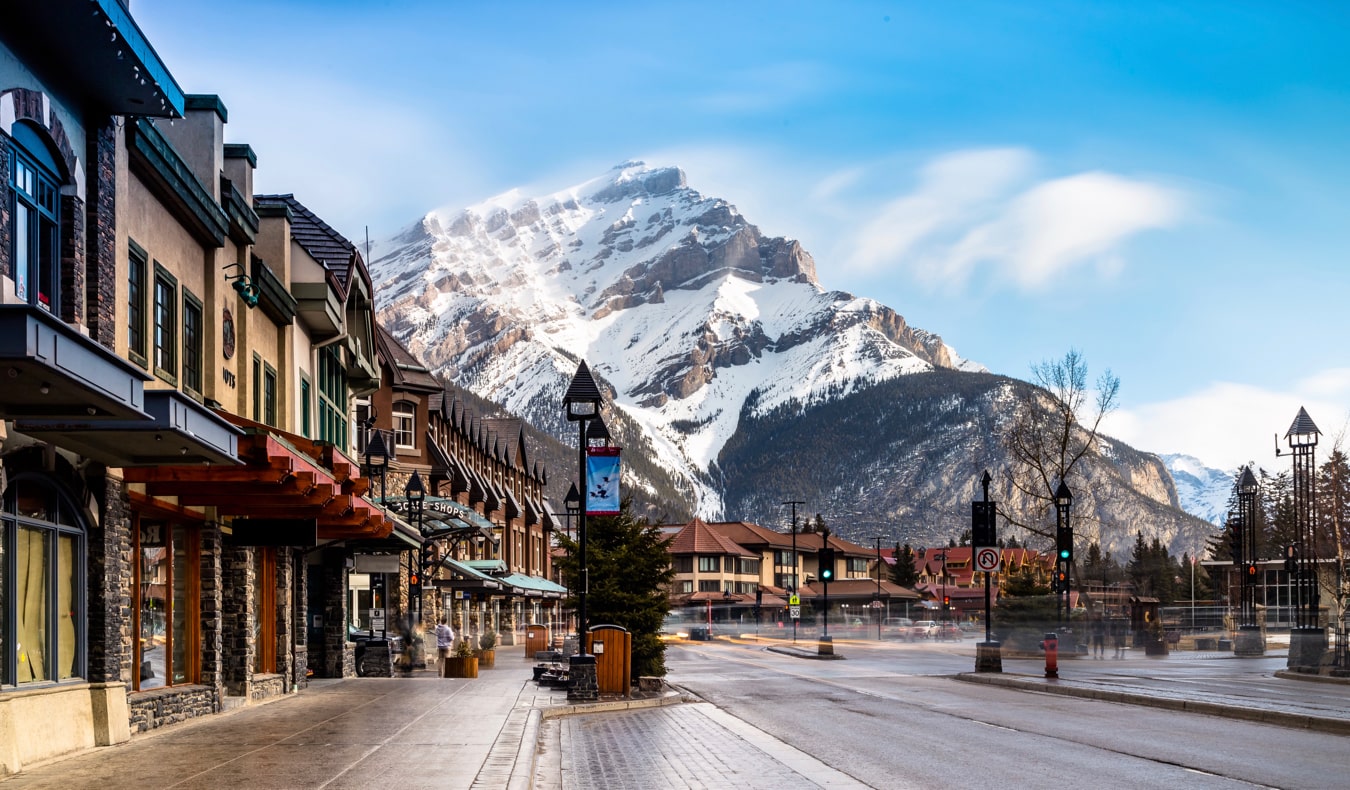 The picturesque city of Banff, Alberta, Canada with mountains in the distance
