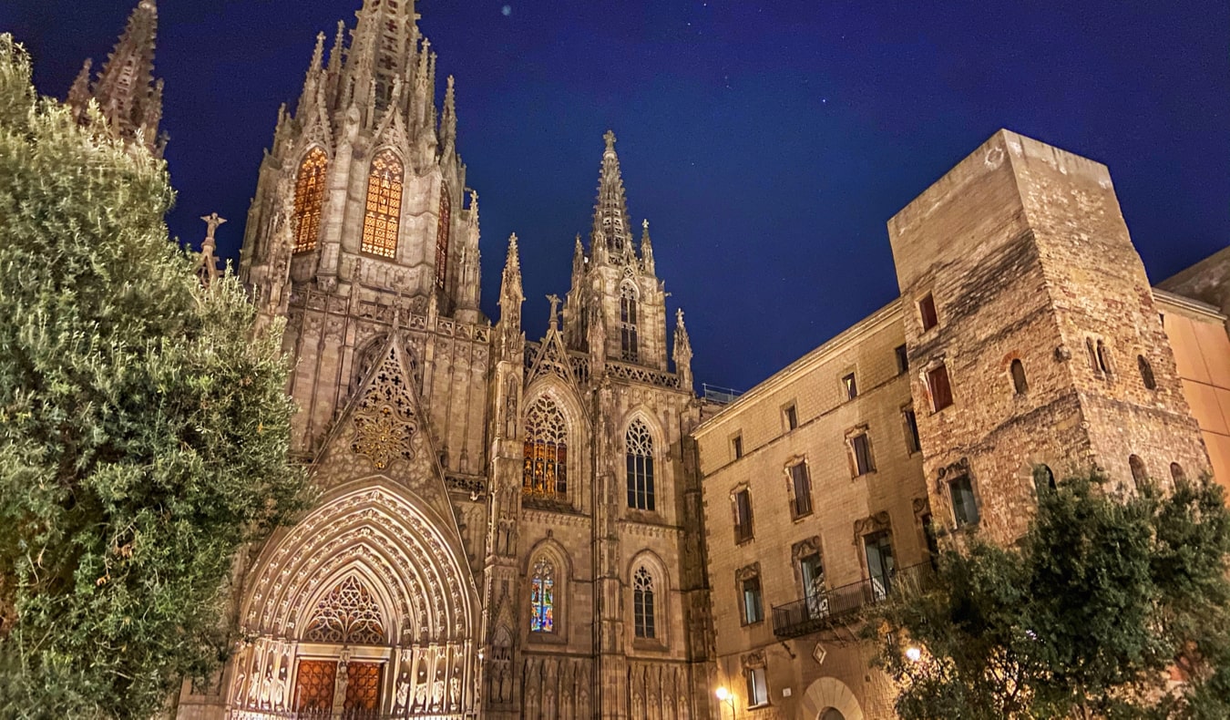 The famous Barcelona Cathedral at night in Spain lit up in the darkness