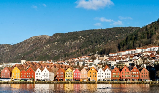 The historic and colorful old buildings of Bergen, Norway in the summer