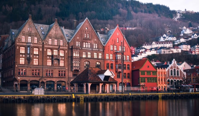 The famous and colorful Bryggen district of Bergen, Norway in winter