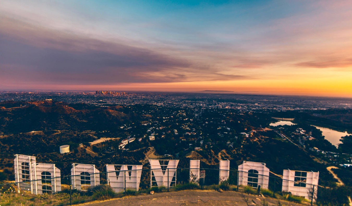 Looking out over Los Angeles from behind the Hollywood sign