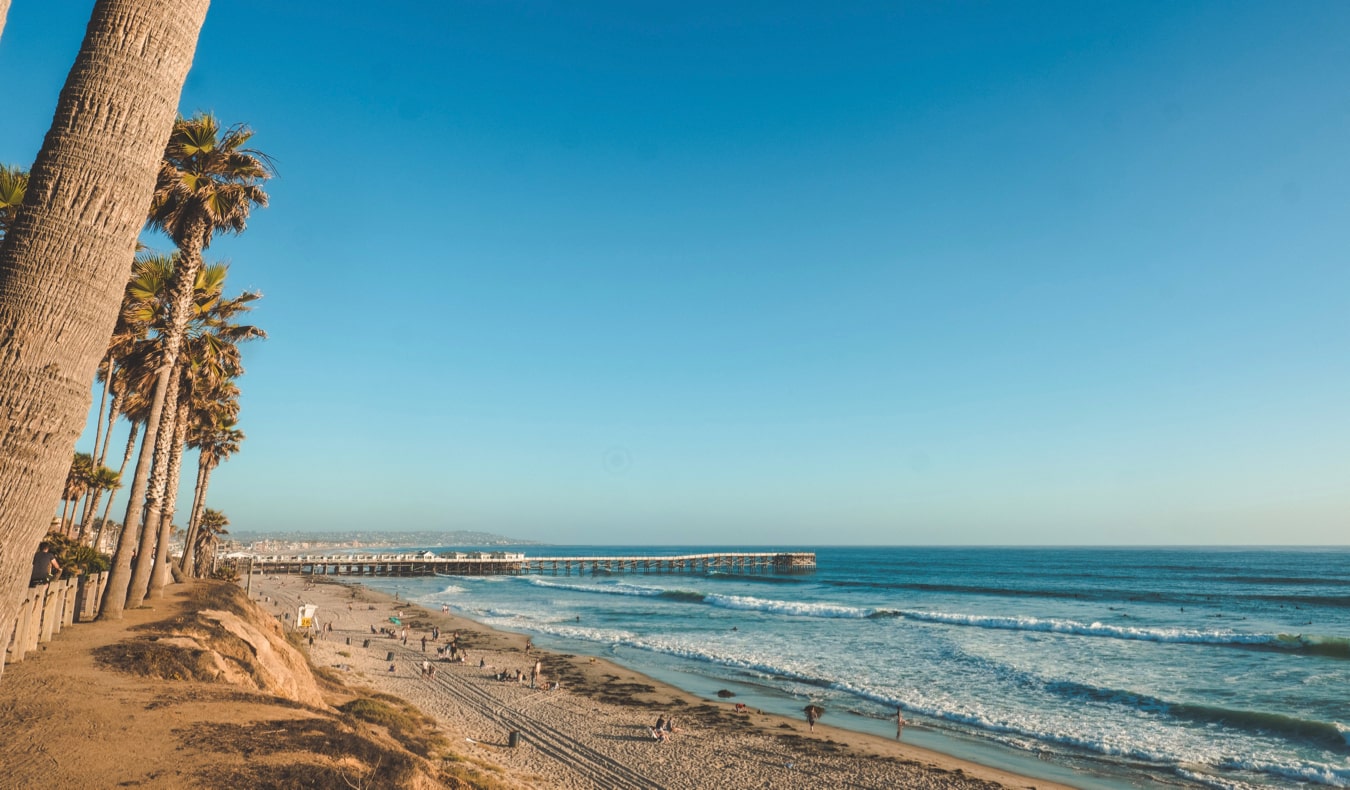 The wide, white-sand Pacific Beach near San Diego, California