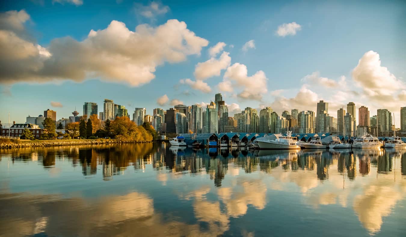 The towering skyline of Vancouver, Canada overlooking the ocean