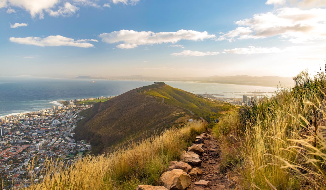 The narrow trail near the summit of the Lion's Head trail in Cape Town, South Africa