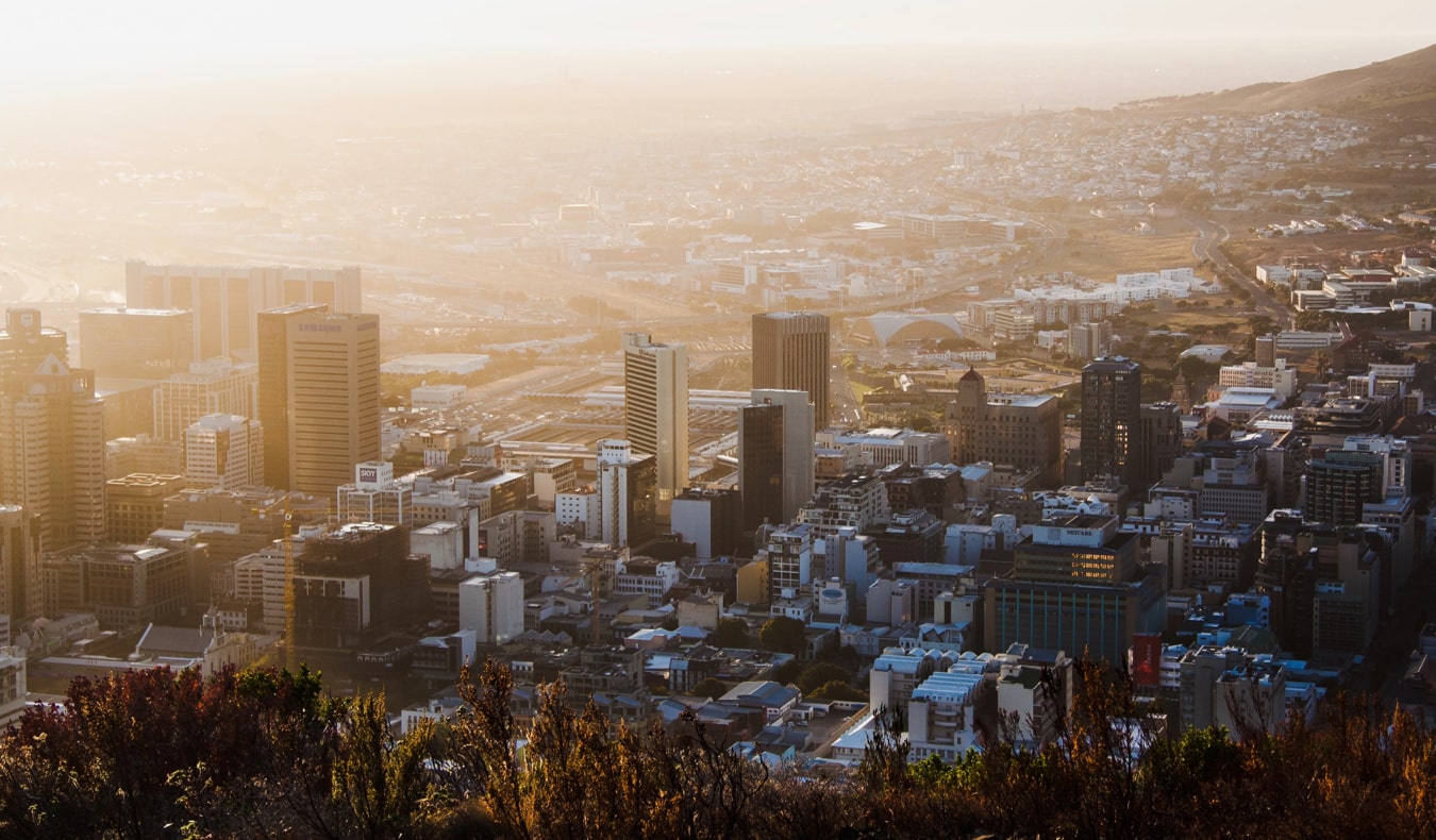 The skyline of Cape Town, South Africa during the sunrise