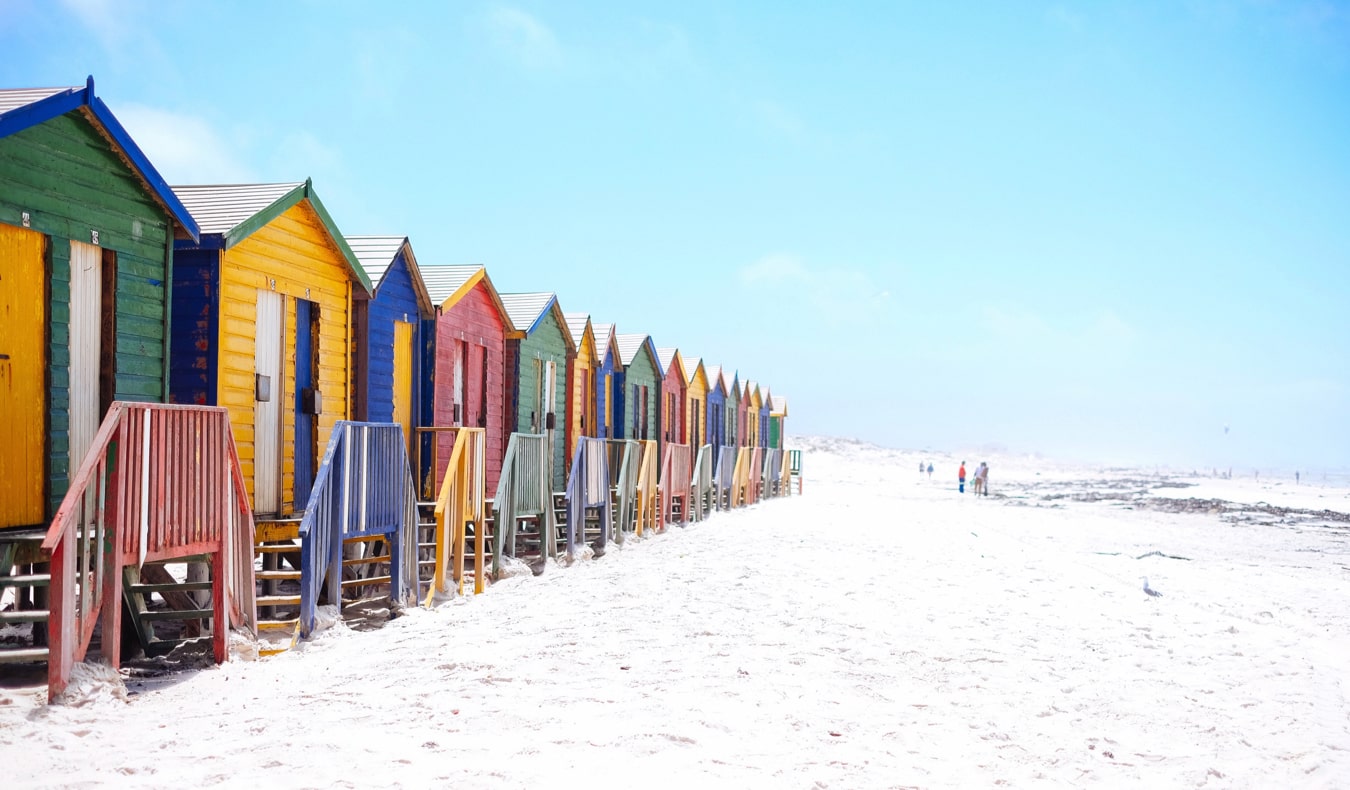 The colorful buildings along Muizenberg Beach in Cape Town, South Africa