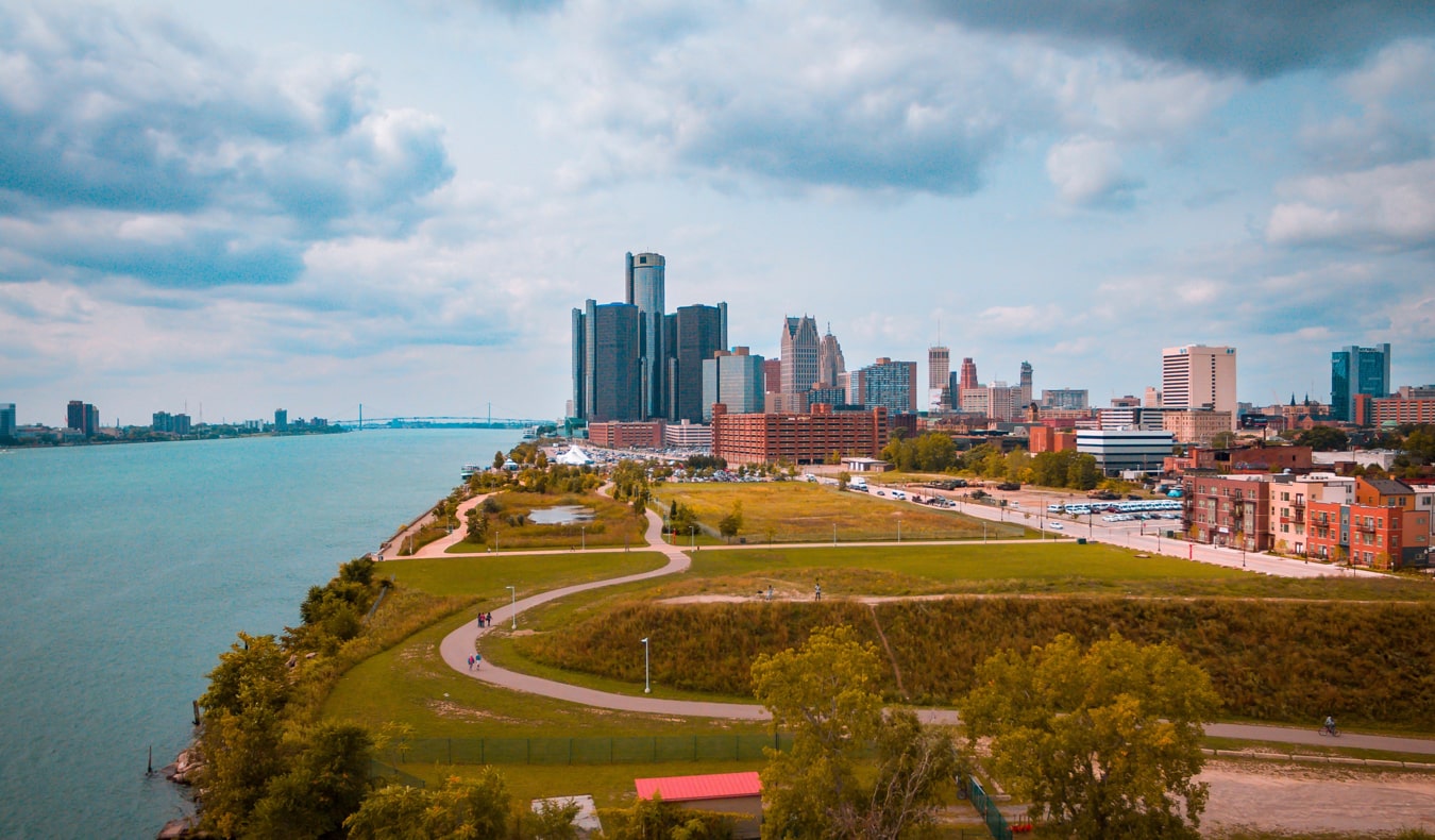 The downtown skyline of Detroit, Michigan during the summer