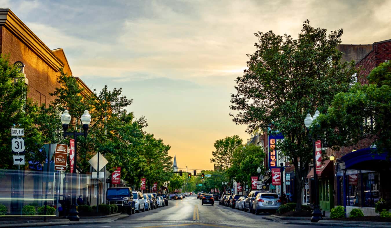 The charming downtown of Franklin, TN at sunset