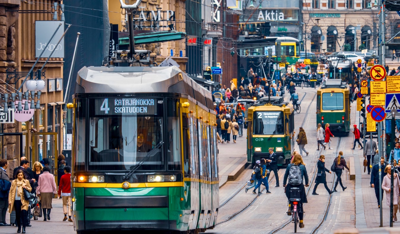 Busy streets of downtown Helsinki, Finland