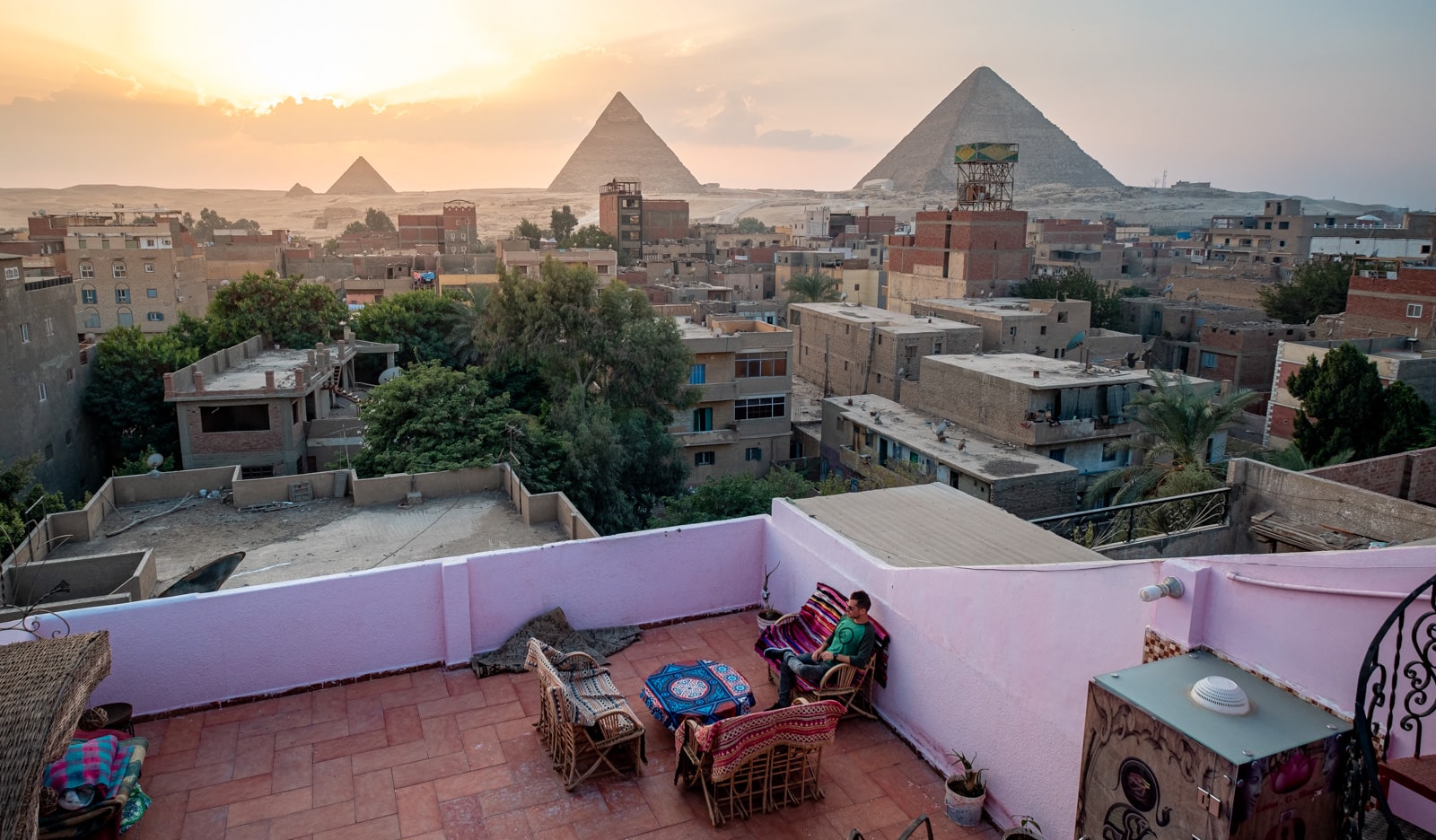 The balcony of a local hotel in Cairo overlooking the pyramids in Egypt