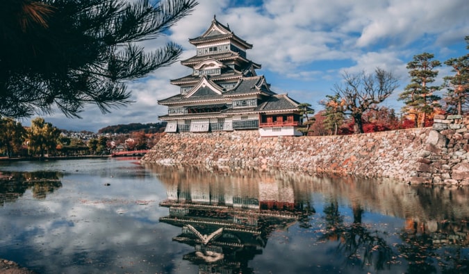 一个阳光明媚的日子，日本护城河附近的一座传统日本城堡