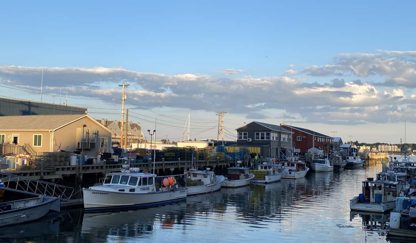 A busy harbour on the coast of Maine, USA