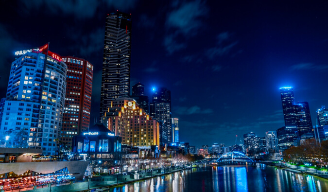 The skyline of Melbourne, Australia lit up at night