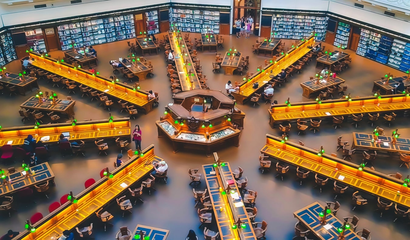 The stately and spacious interior of the State Library in Melbourne, Australia