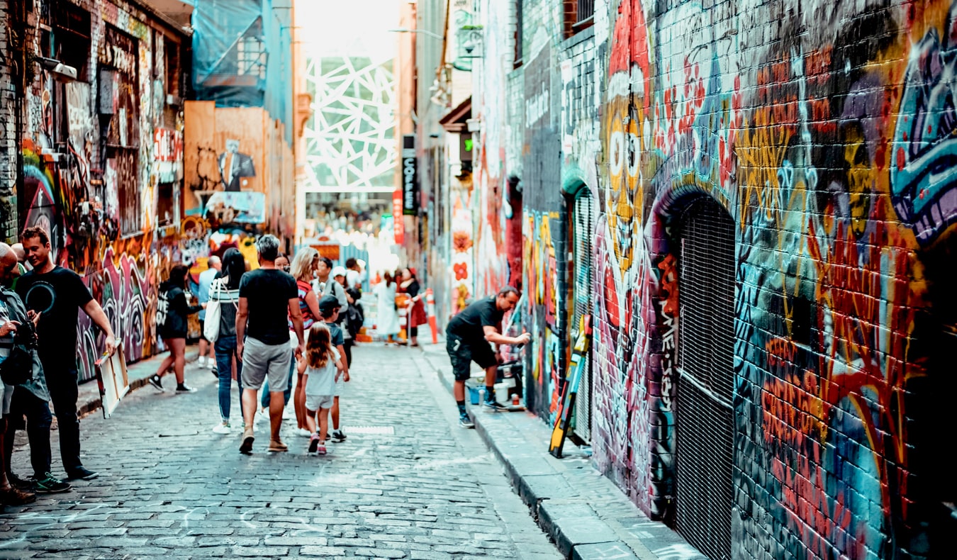 An alley full of street art, graffiti, and murals in Melbourne, Australia