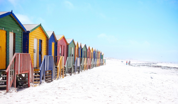 The colorful beach huts at Muizenberg Beach in Cape Town, South Africa