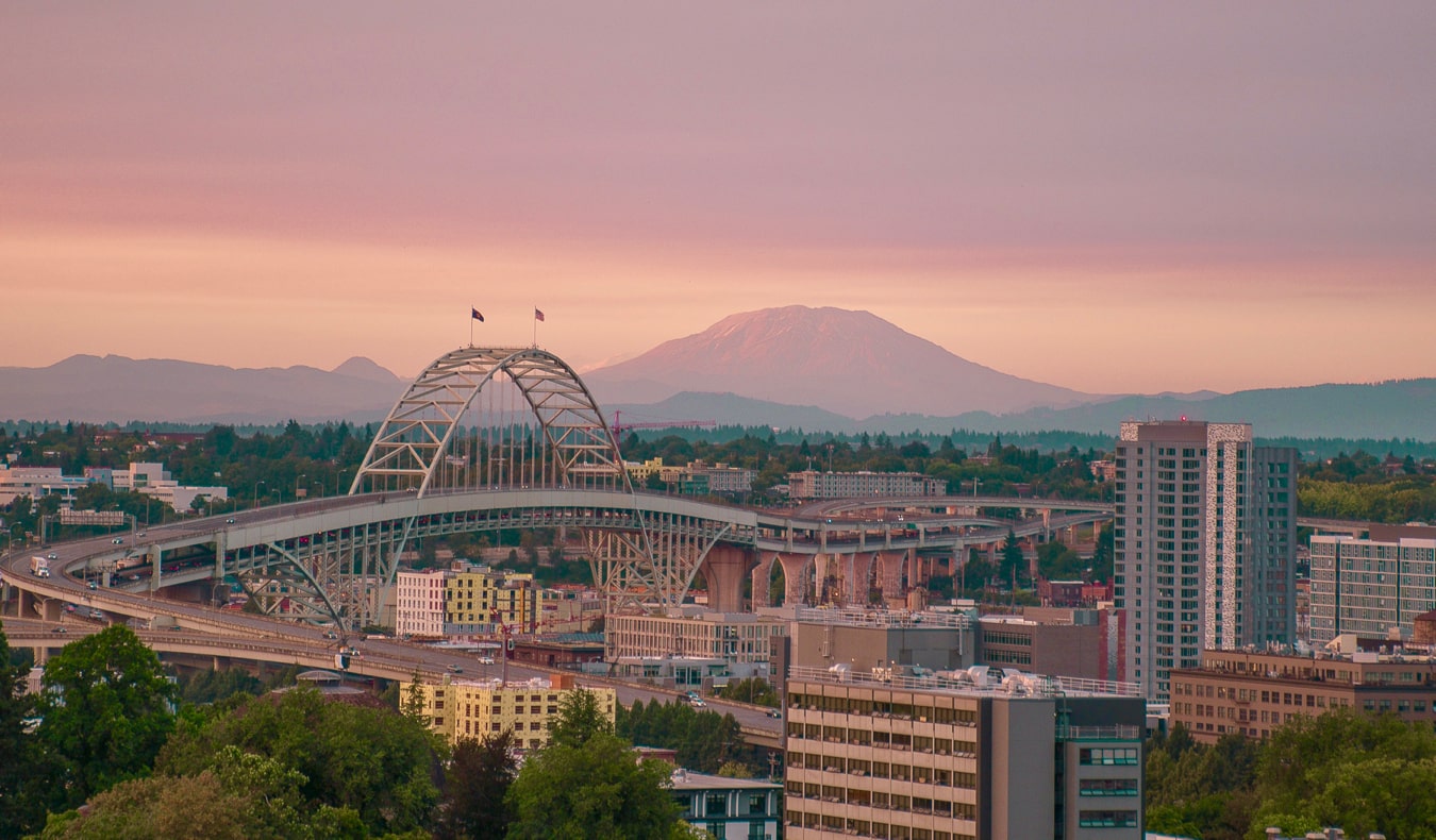 A colorful pink sunset over Portland, Oregon, USA