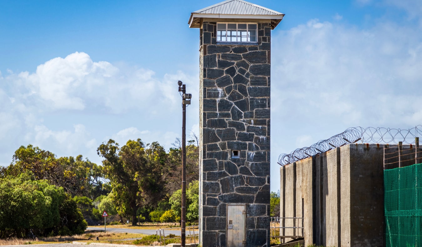 The tower and gate of Robben Island, where Nelson Mandela was imprisoned, in South Africa