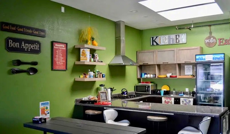 The colorful kitchen of the California Dreams hostel in San Diego, California