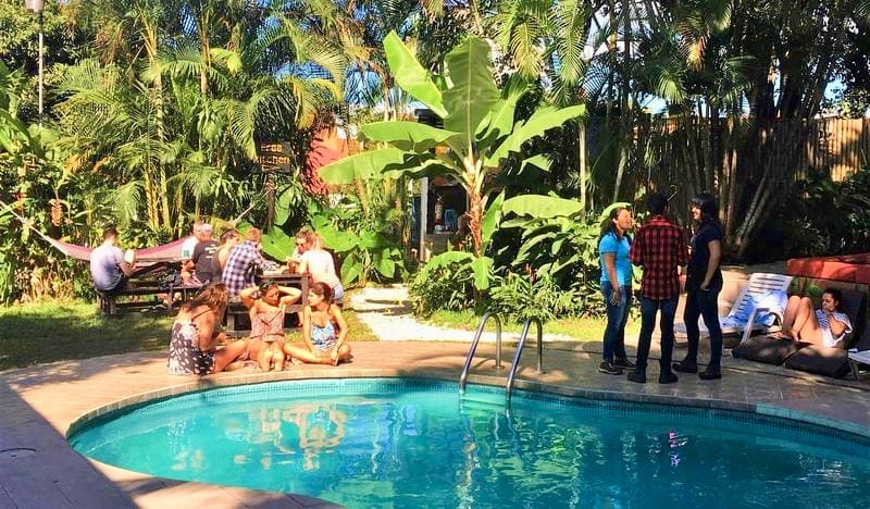 The fun pool area at Costa Rica Backpackers hostel in San José, Costa Rica
