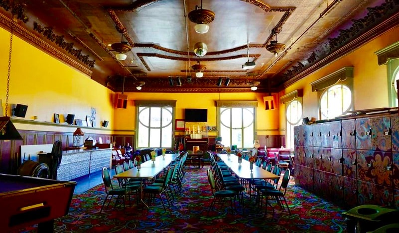 The huge ballroom dining area at the Green Tortoise Hostel in San Francisco, USA