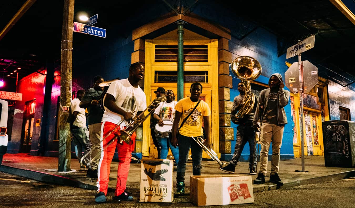 A live band playing music outside in New Orleans