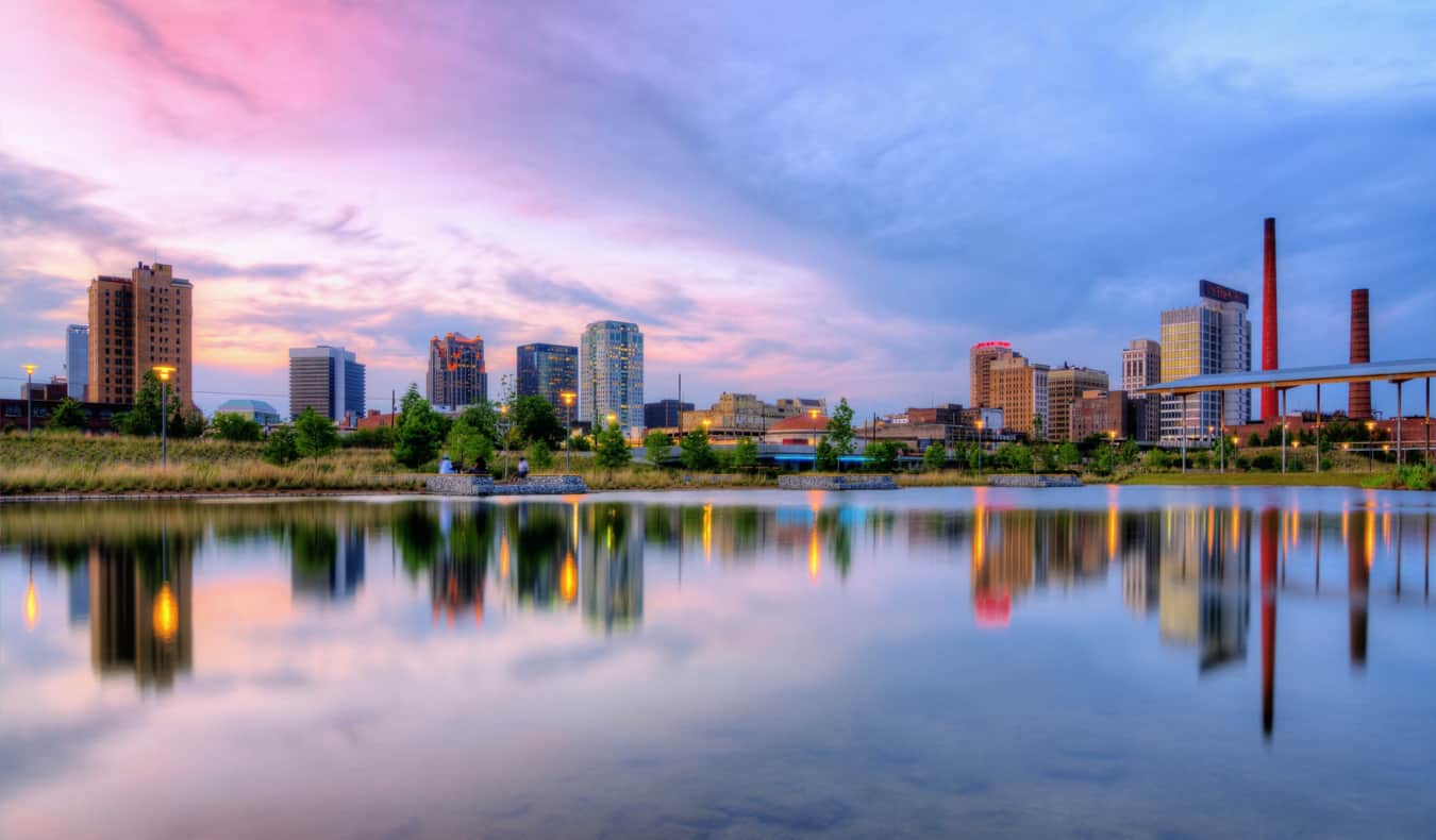 The skyline of Birmingham, Alabama at sunset