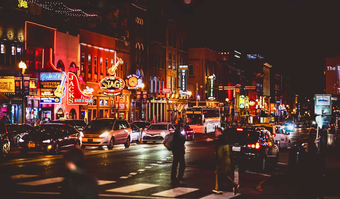 The bright lights of downtown Nashville, Tennessee at night