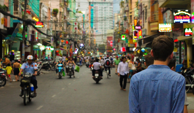 A solo male travelers backpacking in Southeast Asia
