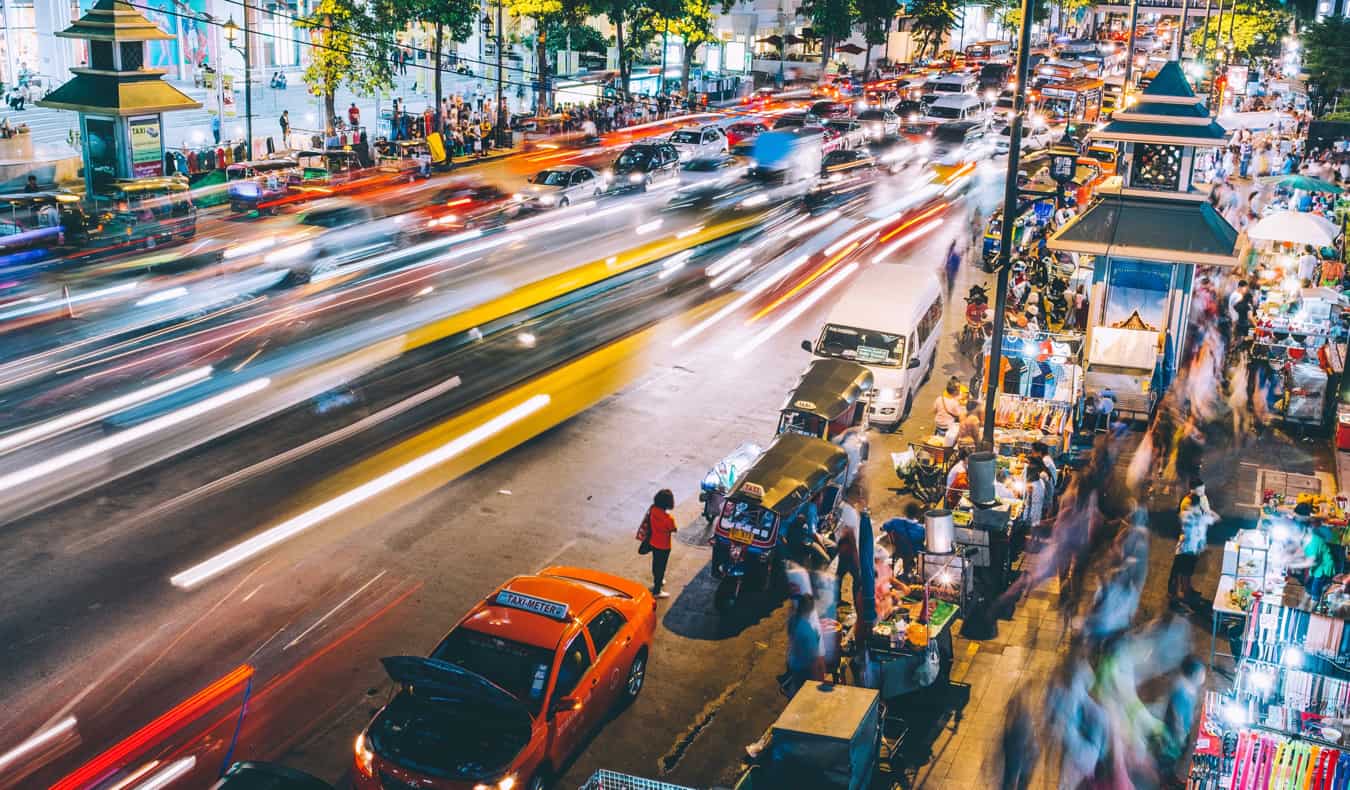 A busy street in Bangkokg, Thailand at night