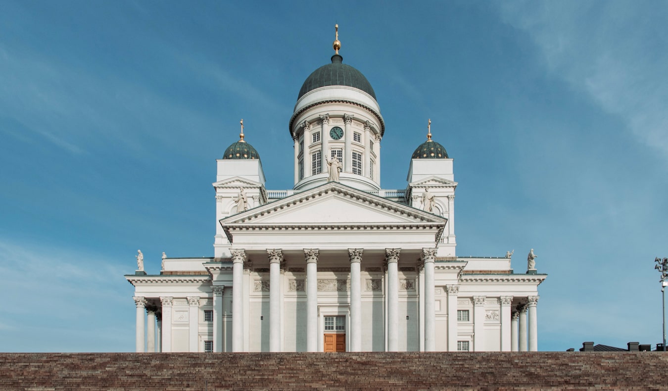 The famous Helsinki Cathedral towering over the city in Helsinki, Finland