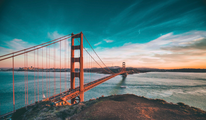 The famous Golden Gate Bridge in San Francisco, USA at sunset