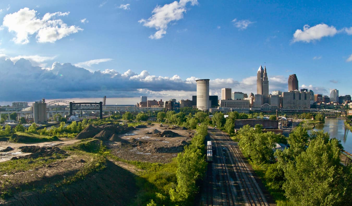 The Cleveland skyline as seen from the outskirts of the city near the train tracks
