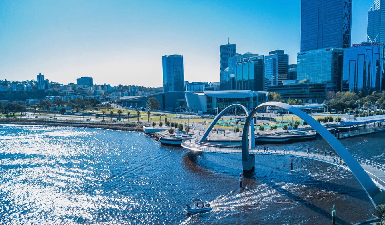 The skyline of Perth, Australia near the coast in the summer