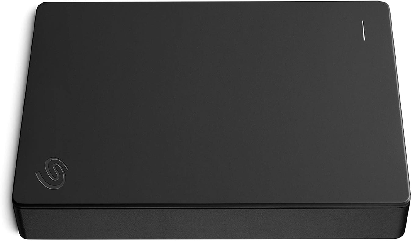 A black external hard drive