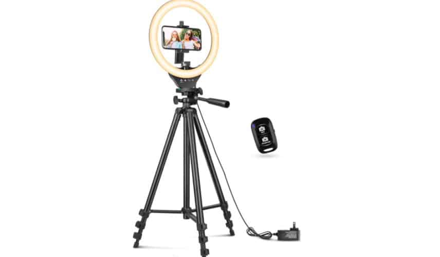 A ring light on a tall tripod