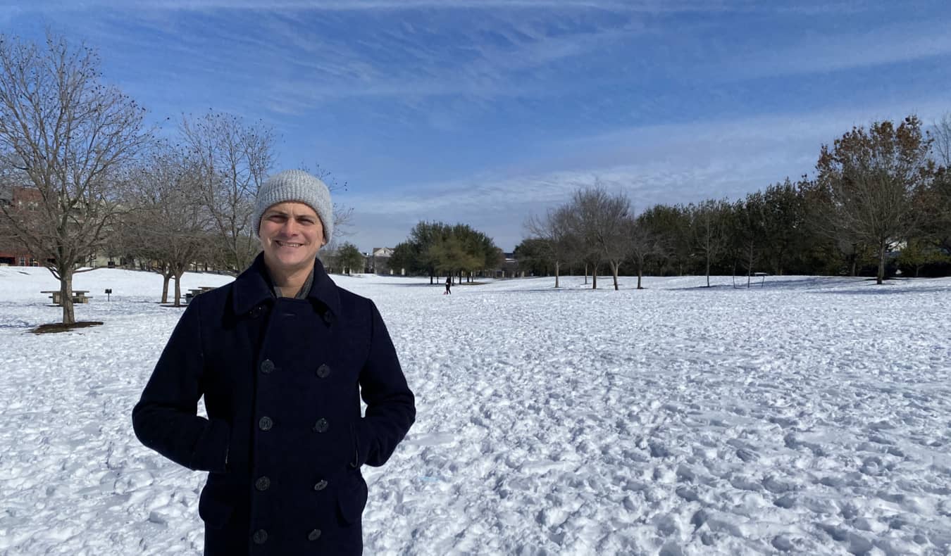 Nomadic Matt in the snow during the Texas snow storm