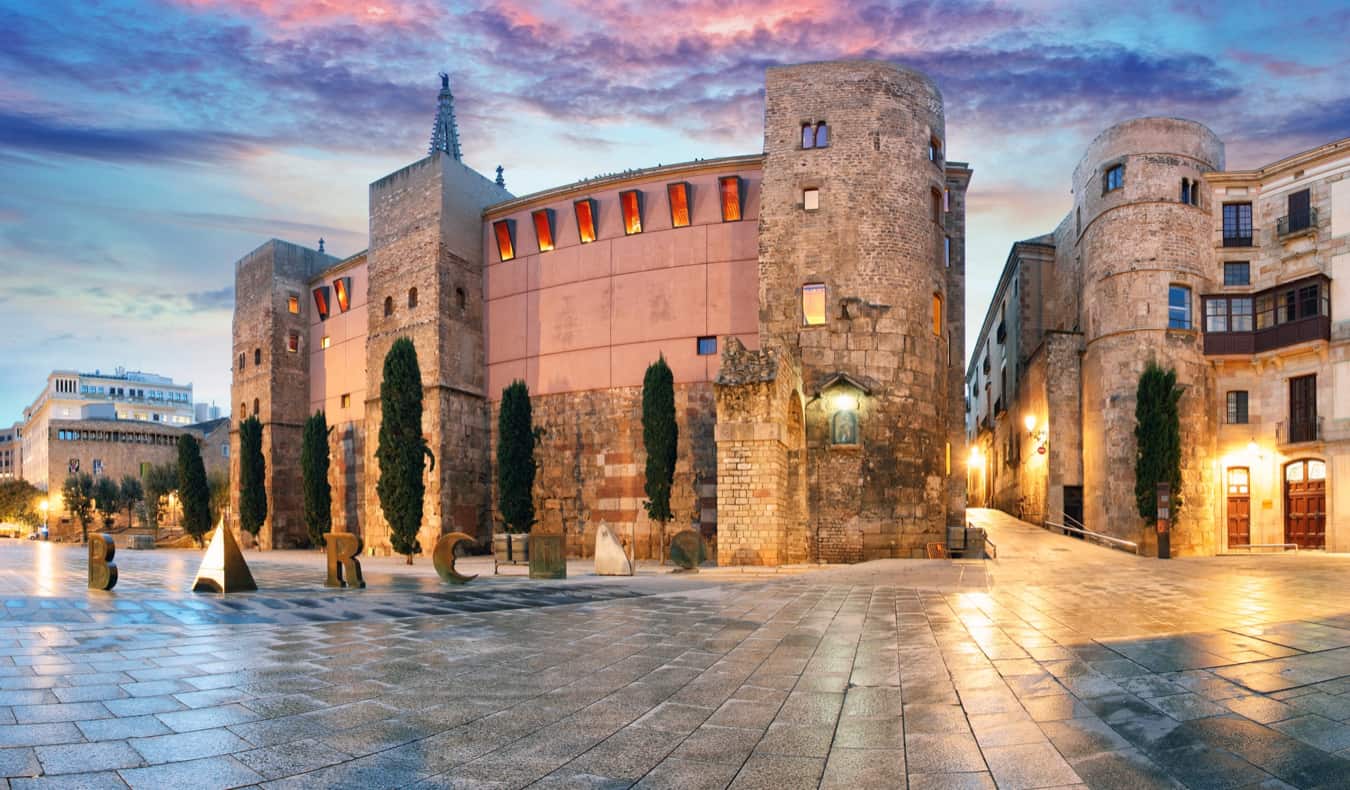 The iconic historic buildings of the Gothic Quarter in Barcelona, Spain