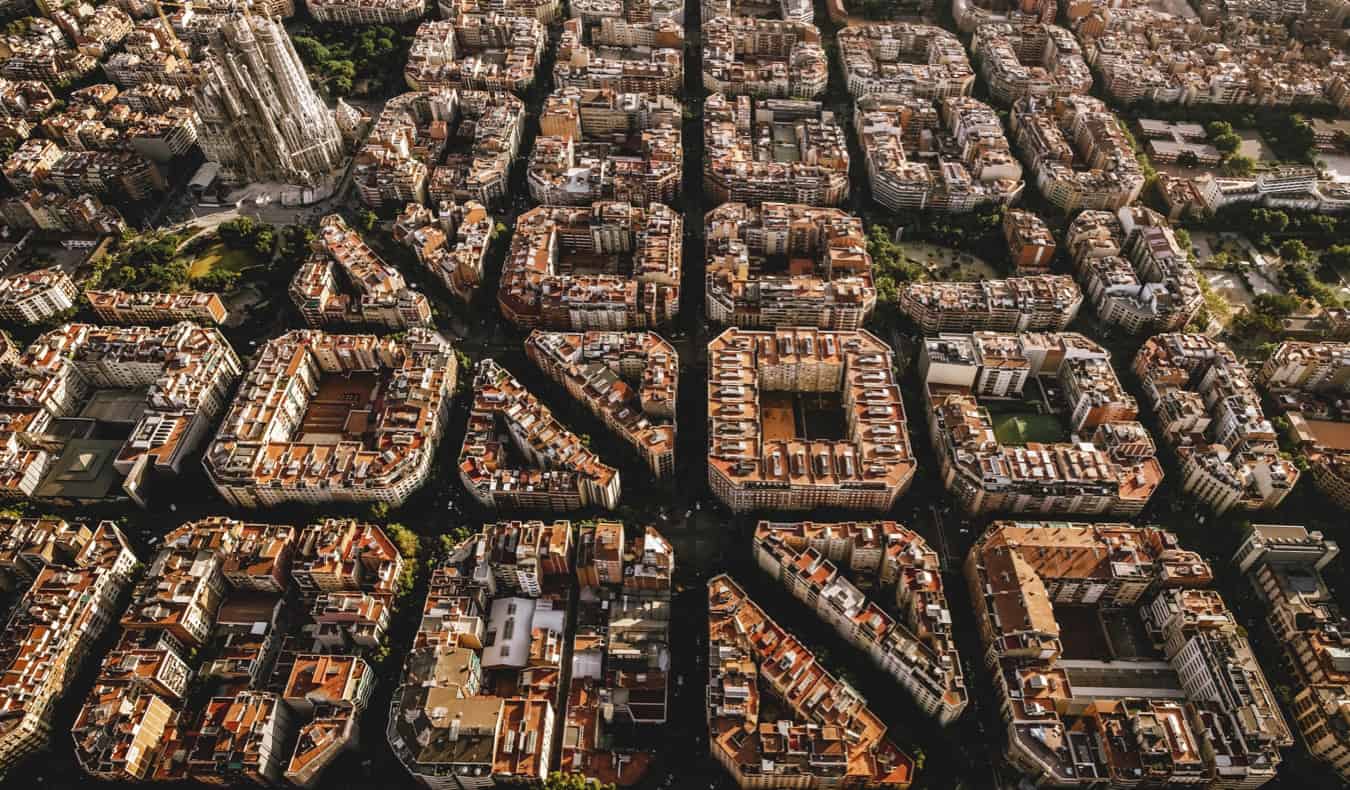 A birds-eye-view of the Eixample district in Barcelona, Spain