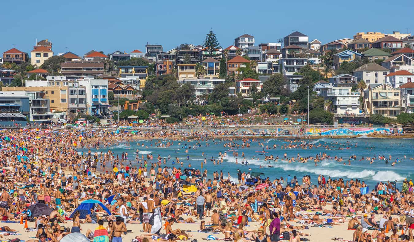 A full crowd of people at Bondi Beach in Australia