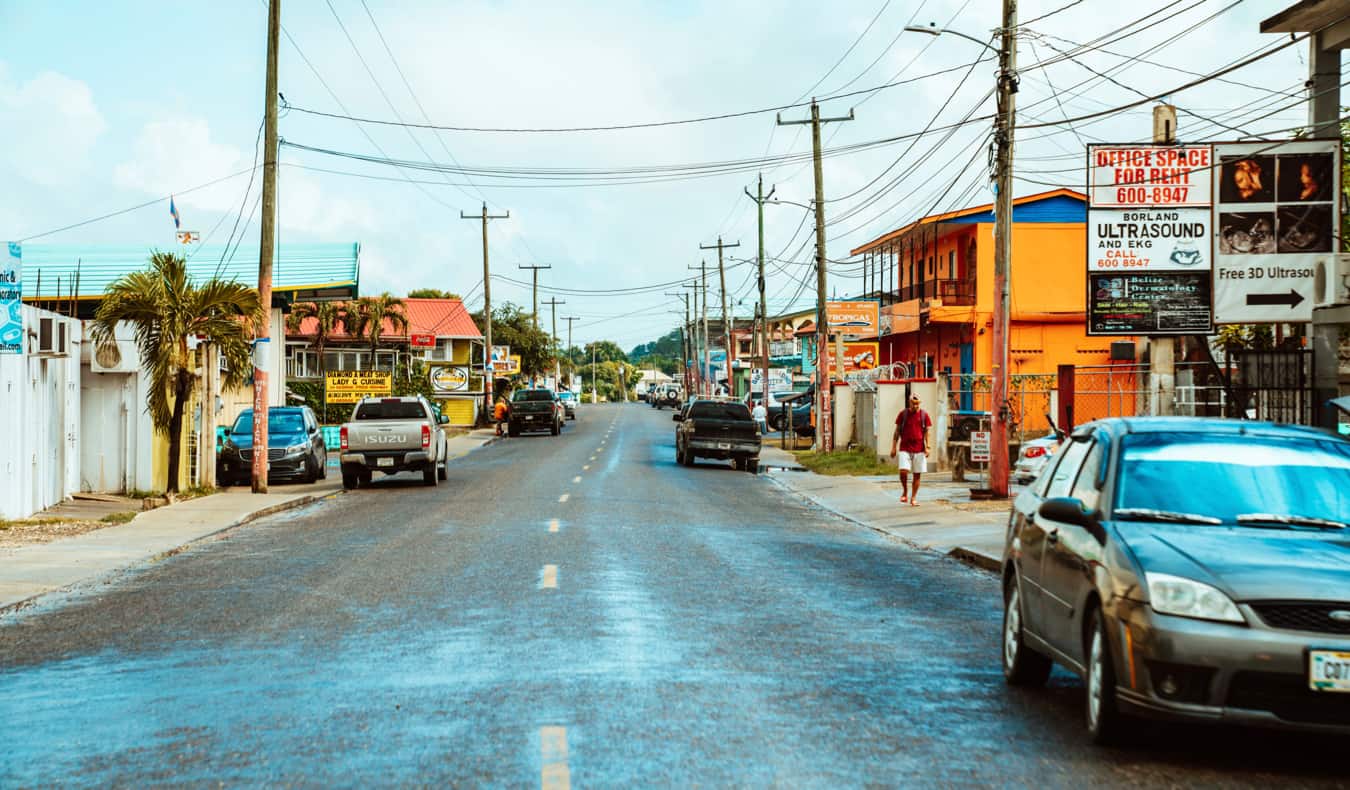 Cars parked on the road in Belize in Central America