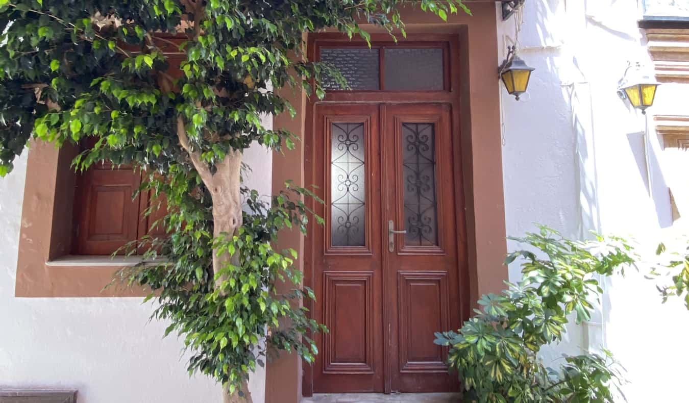 A painted door surrounded by greenery in Crete, Greece