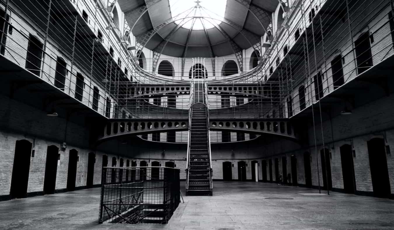 An inside look at the Old Kilmainham Gaol (jail) with a winding staircase