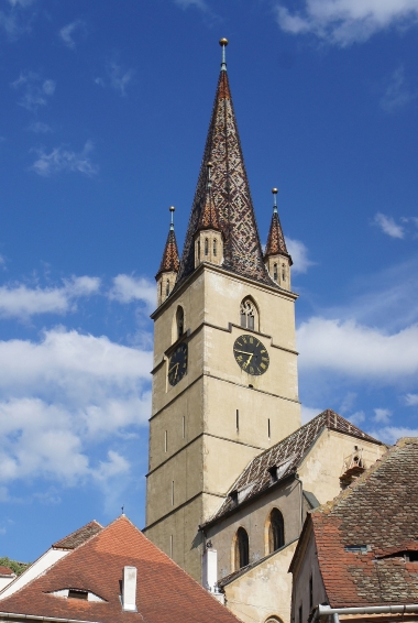 Evangelical Cathedral clocktower in Huet Square in Sibiu
