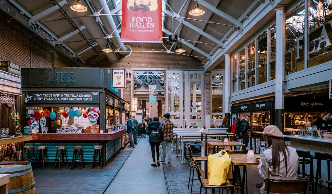 the interior of the Foodhallen food market in Amsterdam, Netherlands