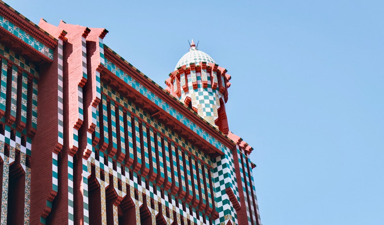 A color mosaic on the exterior of Gaudi's Casa Vicens in Barcelona, Spain